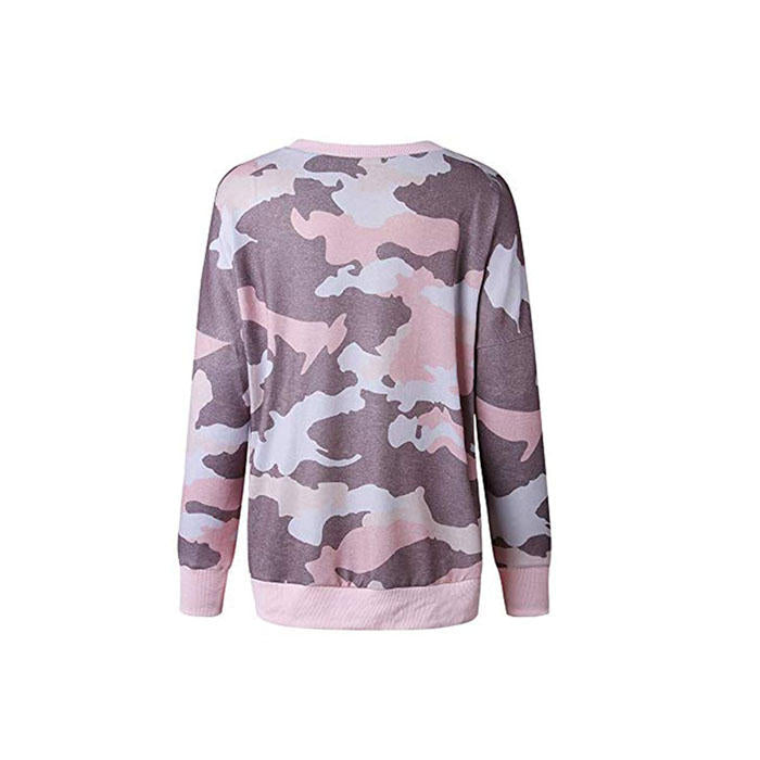 Beakey Womens Sweatshirts Camo Print Crew Neck Long Sleeve Casual TopsPink-202024