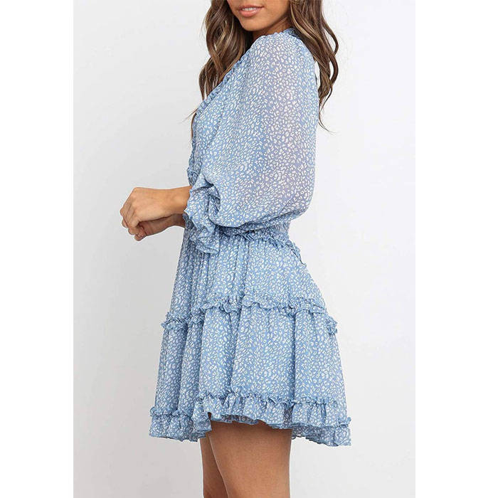 Beakey Womens Spring Summer Deep V Neck Ruffle Long Sleeve Mini Dress-Sky Blue-LC220829-1