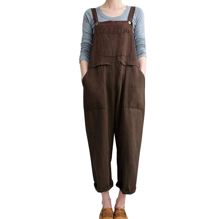 Beakey Women's Casual Baggy Cotton Linen Jumpsuit Overalls With Pockets-Brown-5859