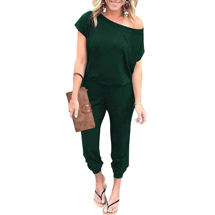 Beakey Women's Loose Solid Off Shoulder Elastic Waist Stretchy Long Romper Jumpsuit with Pockets - Dark Green