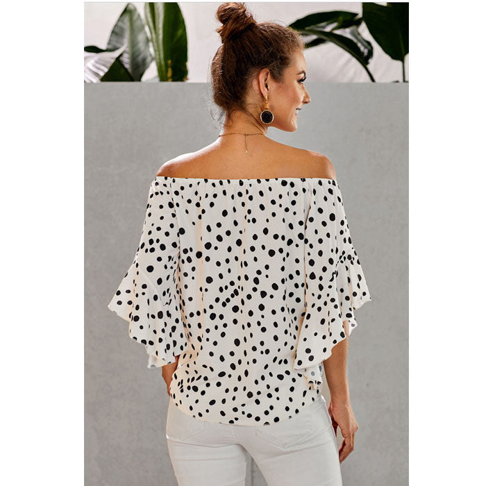 Beakey Womens Wave Point Off Shoulder Tops 3/4 Flared Sleeve Tops Casual Tie Knot-White-LC252344
