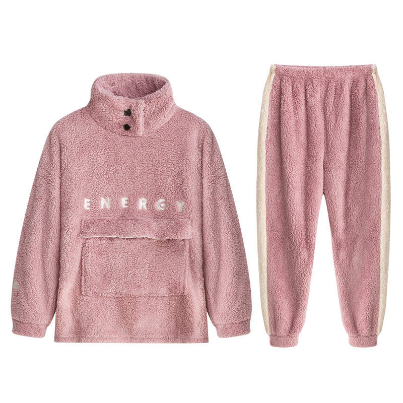 Beakey Thickening Coral Fleece Pajamas Set for Women-Pink