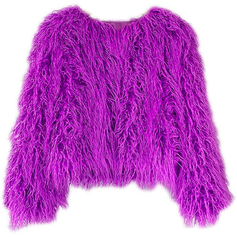 Beakey Womens Shaggy Faux Fur Outwear Short Thermal Coat-Purple