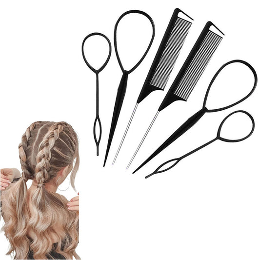 Beakey 4 Pcs French Braid Loop + 2 Pcs Rat Tail Comb for Hair Styling-Black