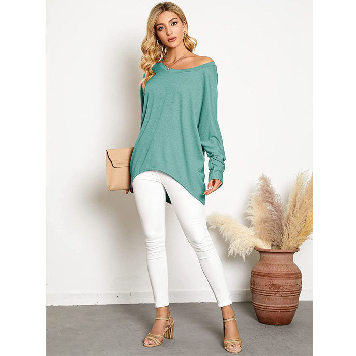 Beakey Women's Batwing Sleeve Off Shoulder Oversized Baggy Tops Casual Sweater-Green-8889