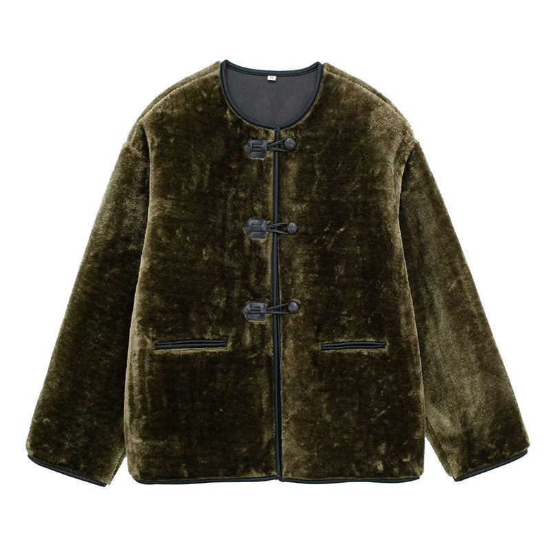 Beakey Womens Button Sherpa Coats Long Sleeve Warm Outwear with Pockets-Green