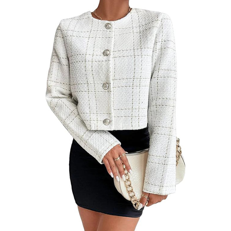 Beakey Cropped Blazer Jacket for Women Collarless Tweed Plaid Outerwear-White