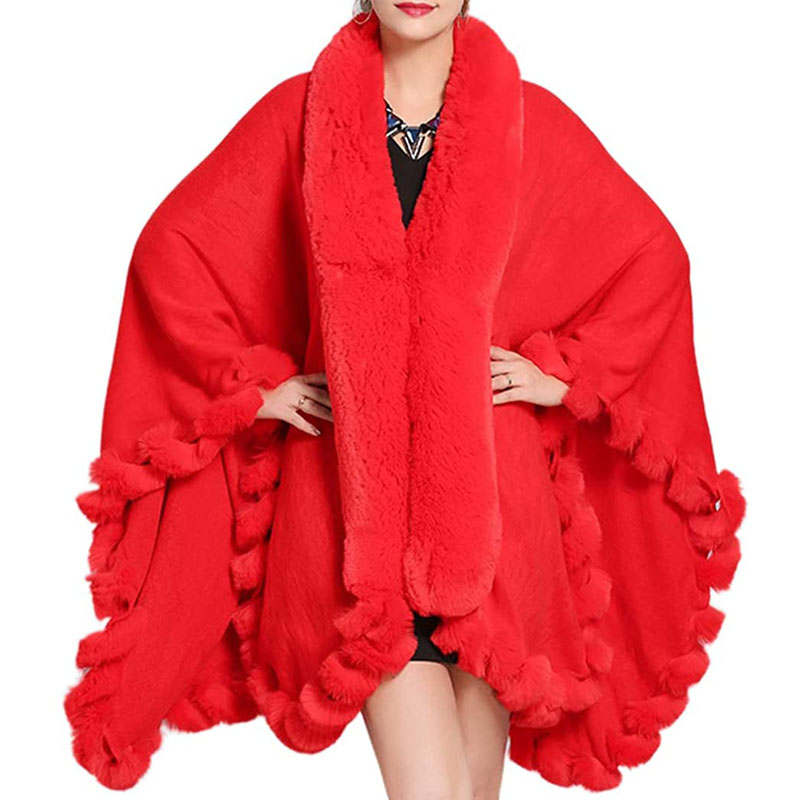 Beakey Womens Faux Fox Fur Trim Cardigan Shawl Oversized Cape-Red
