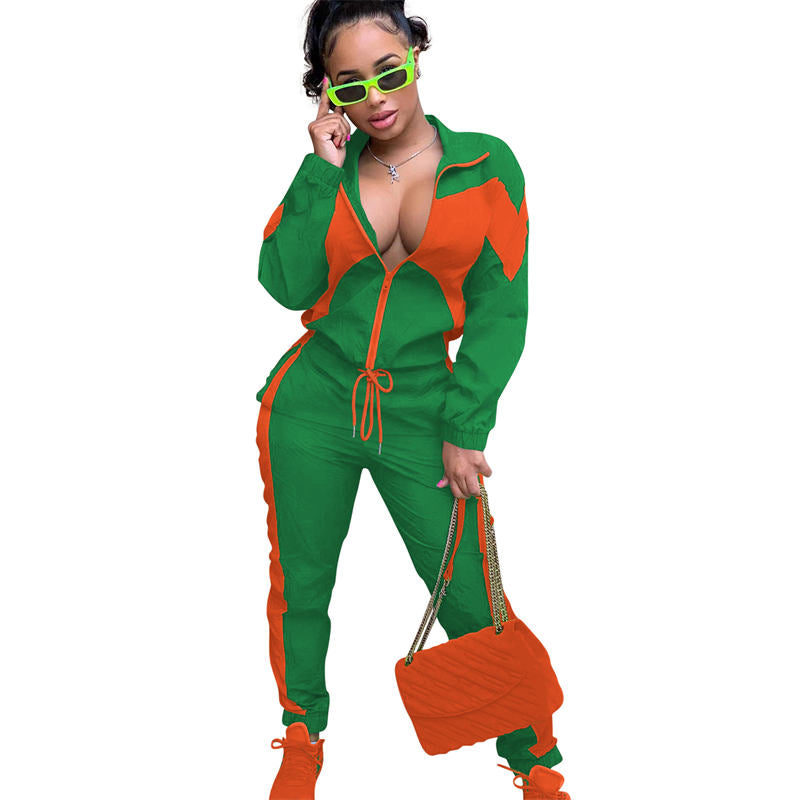 Beakey Womens Windbreaker Jacket Pants Colorblock Patchwork Tracksuit-Green