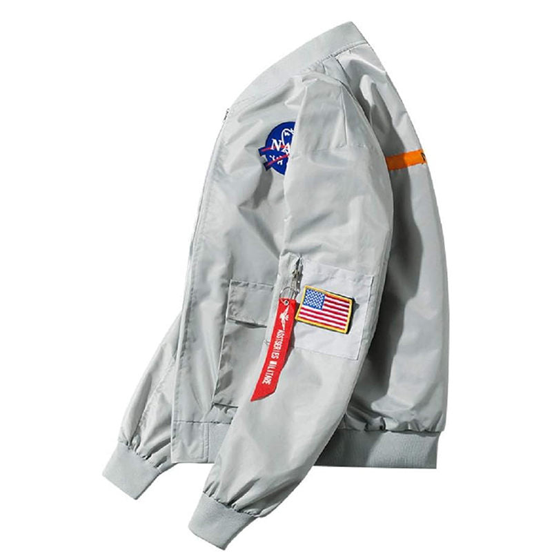 Beakey Mens Biker Flight Jacket Big Pocket Letter Print Windbreaker-Grey