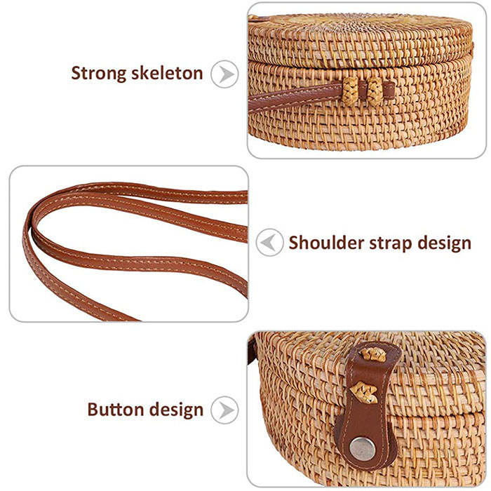 Beakey Handwoven Round Rattan Natural Chic Bag Shoulder Leather Straps Summer Beach-Brown