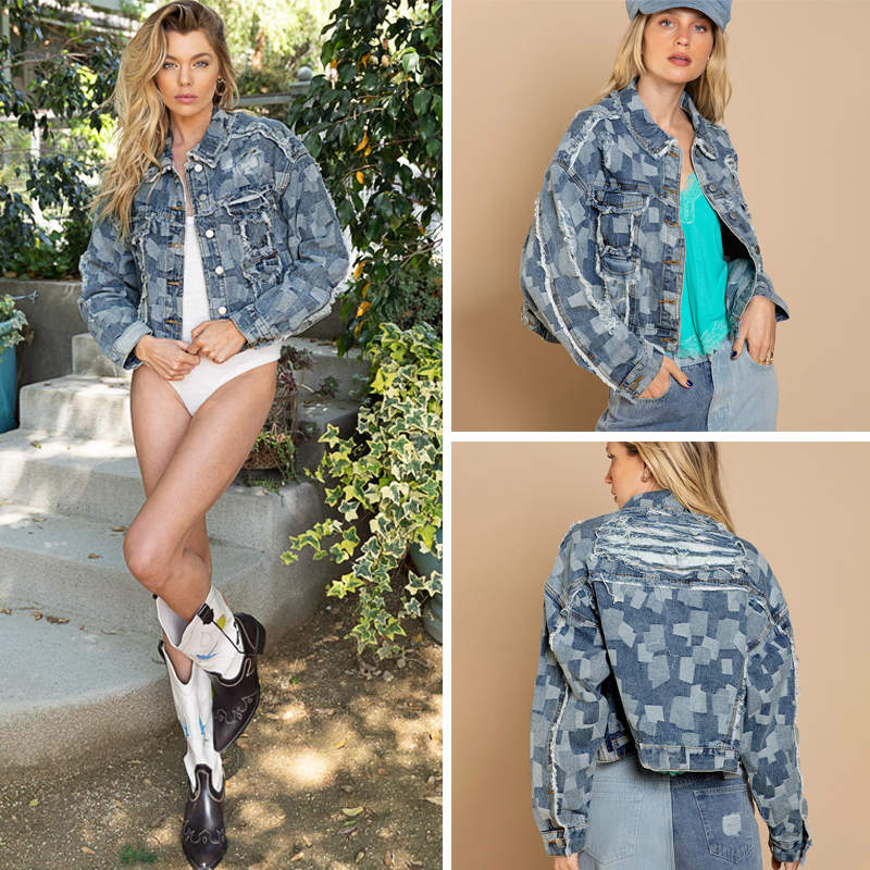 Beakey Womens Plaid Denim Jacket Fringed Ripped Cropped Coat for Autumn