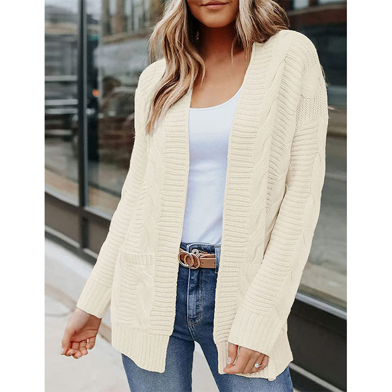 Beakey Womens Long Sleeve Cable Knit Cardigan Sweater Mid Length Coat-Apricot