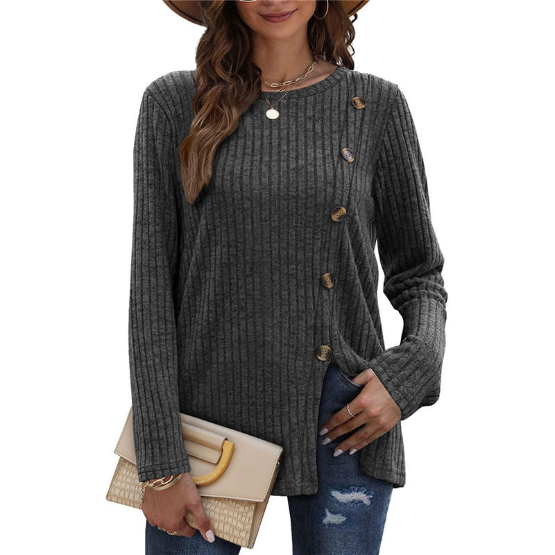 Beakey Long Sleeve Tops for Women Button Decor Loose Tunic Blouse-Dark Gray