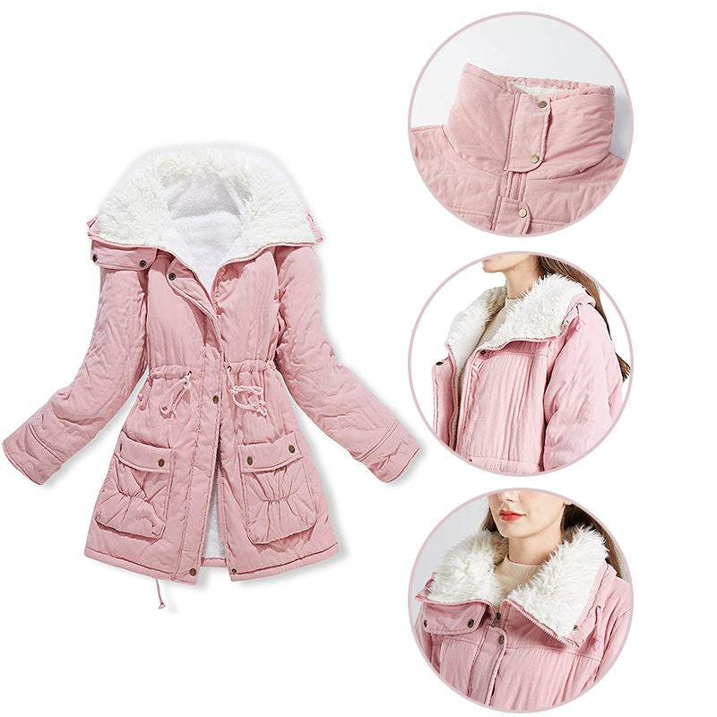 Beakey Women's Mid Length Winter Coat Thickened Warm Lamb Wool Lined Jacket-Pink