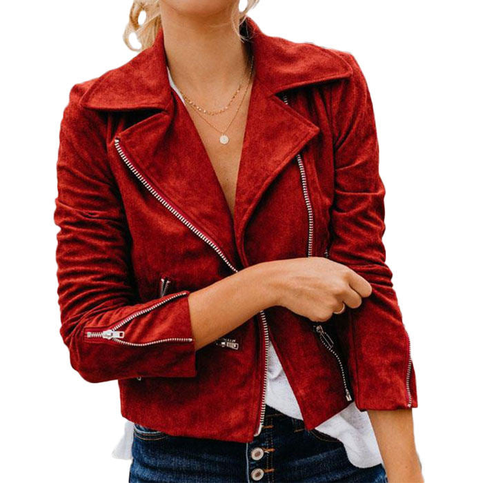 Beakey Women's Multiple Zippers Notch Collar Moto Jacket Casual Short Coat-Red-YC0271