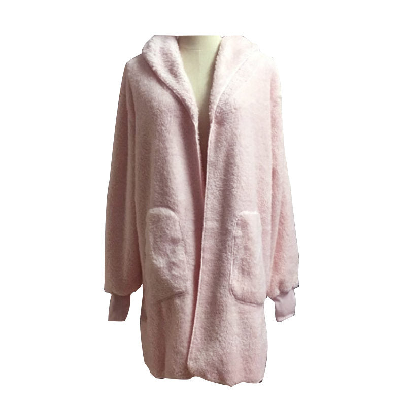 Beakey Womens Long Sleeve Fuzzy Fleece Jacket Hooded Cardigan Coat with Pockets-Pink