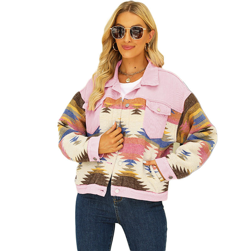 Beakey Denim Jacket for Women Aztec Print Contrast Color Cropped Coat-Pink