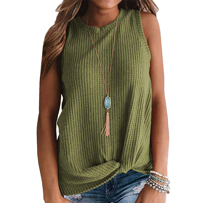 Beakey Womens Waffle Knit Vest Casual Blouse Sleeveless Twist Knot Tank Tops-Army Green-YT8829