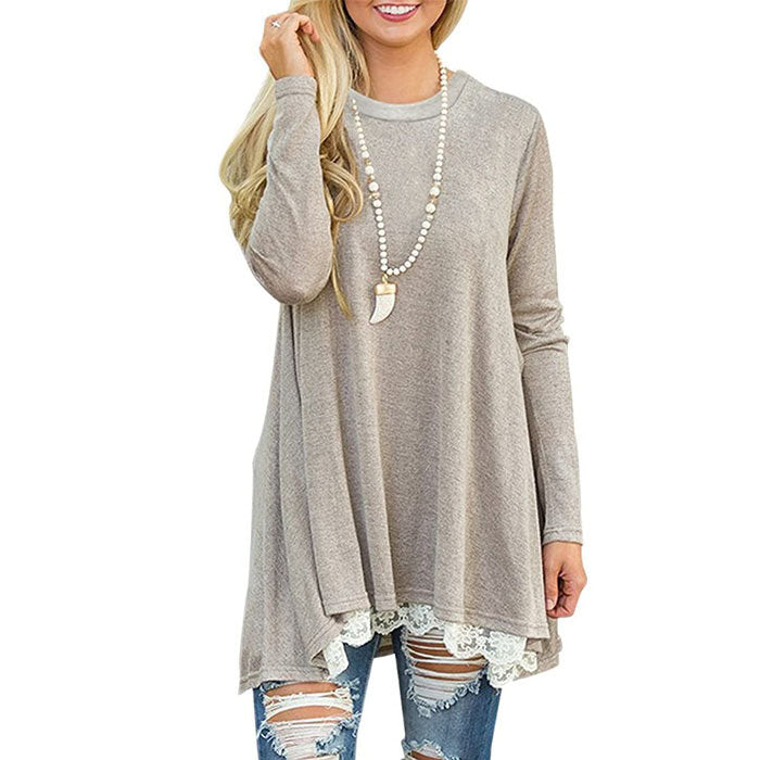 Beakey Women's Crew Neck Long Sleeve Lace Splicing Shirt Long Tunic Blouses-Khaki-1228