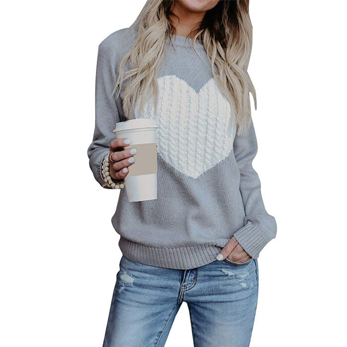 Beakey Women Cute Sweaters Heart Crewneck Long Sleeve Knitted Pullover Sweater-Gray-118004