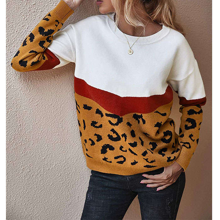 Beakey Women¡¯s Casual Knitted Sweater Leopard Print Color Block Loose Pullover-Brown-K208002