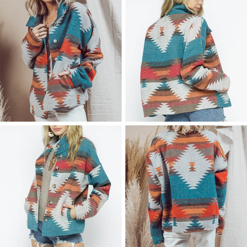 Beakey Womens Aztec Shacket Jacket Boho Wool Blend Coat with Pockets-Orange