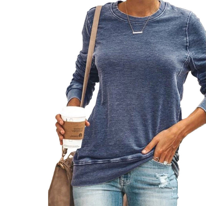 Beakey Womens Casual Crewneck Sweatshirt Long Sleeve Solid Color Loose Tops-Blue-8100