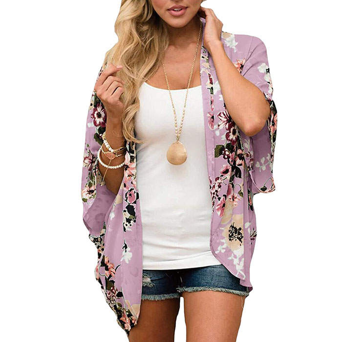 Beakey Women's Summer Floral Print Kimonos Loose Half Sleeve Chiffon Cardigan Blouses Casual Cover Up - Pink