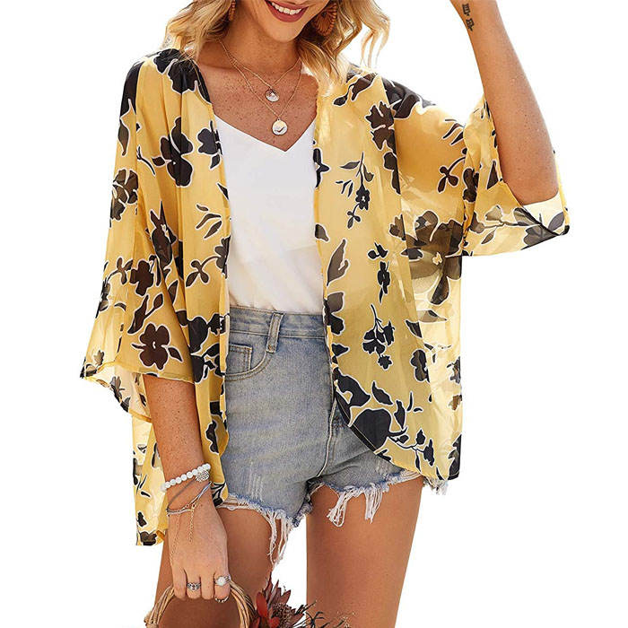 Beakey Women's Summer Floral Print Kimonos Loose Half Sleeve Chiffon Cardigan Blouses Casual Cover Up - Yellow Flower