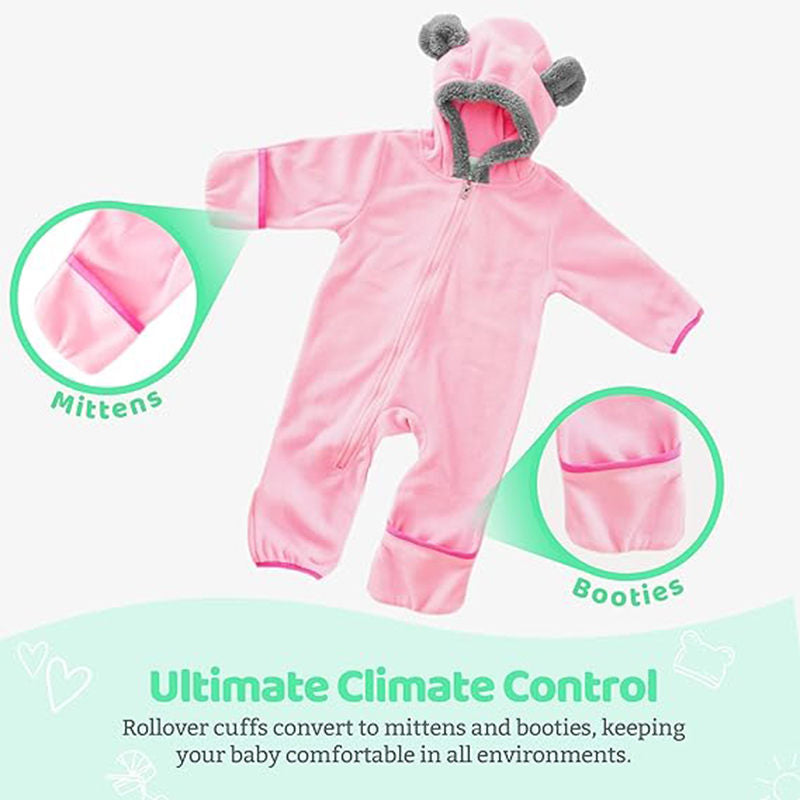 Beakey Baby Fleece Bodysuit Zipper Closure with Hood & Mittens for Winter-Pink
