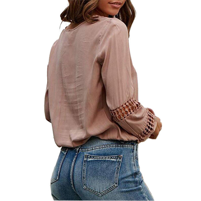 Beakey Womens V Neck Lantern Long Sleeve Blouse Hollow Out Casual Shirts-Pink-80082