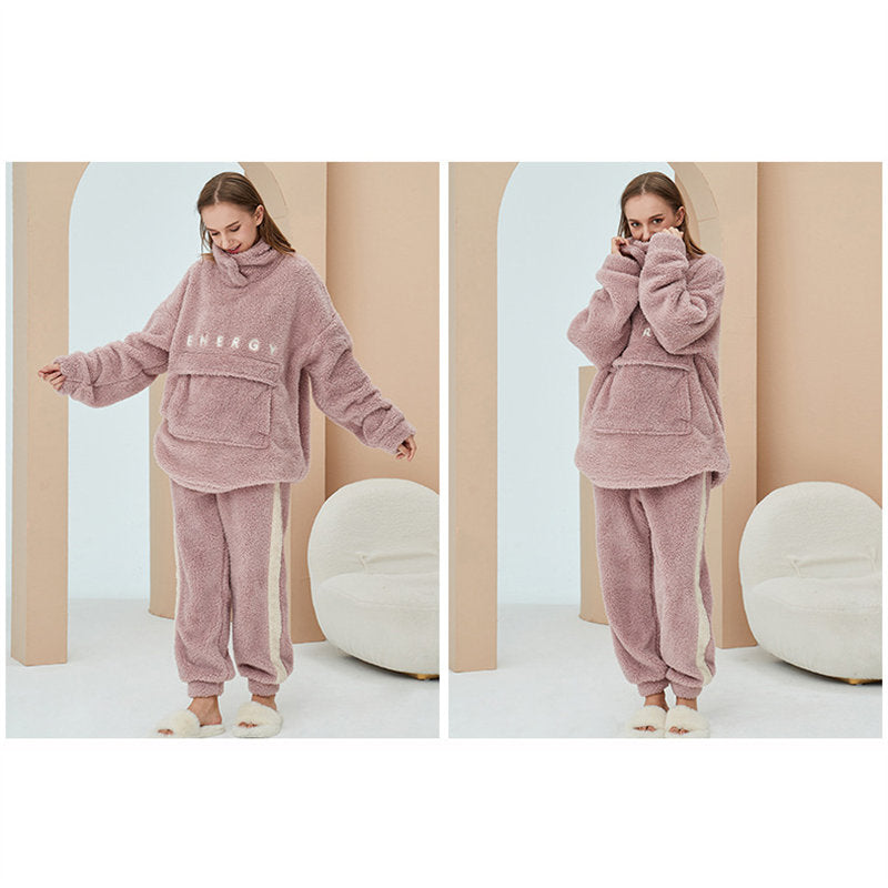 Beakey Thickening Coral Fleece Pajamas Set for Women-Pink