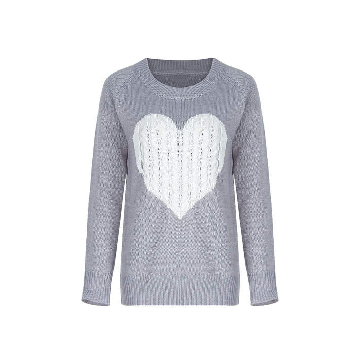 Beakey Women Cute Sweaters Heart Crewneck Long Sleeve Knitted Pullover Sweater-Gray-118004