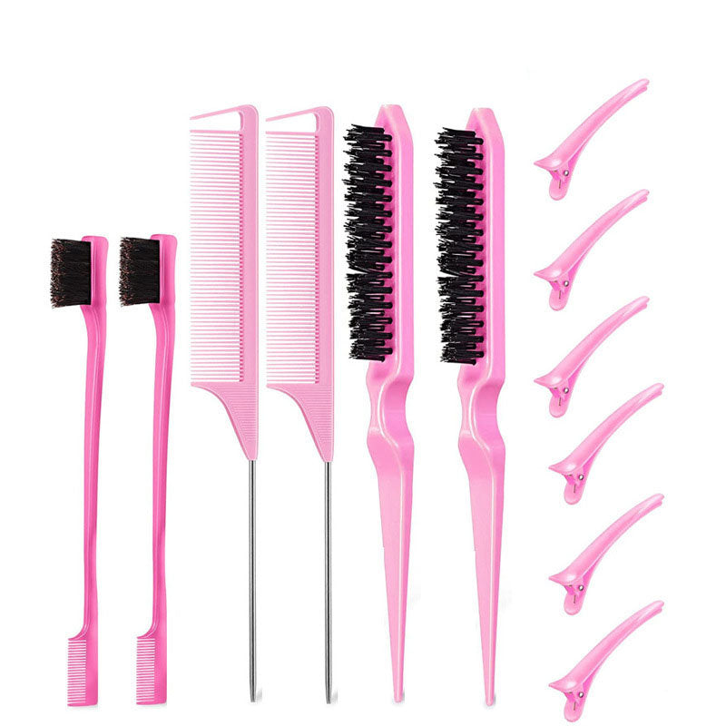 Beakey 12 Pcs Hair Brush with Rat Tail Combs Duckbill Clips for Women Girls-Pink