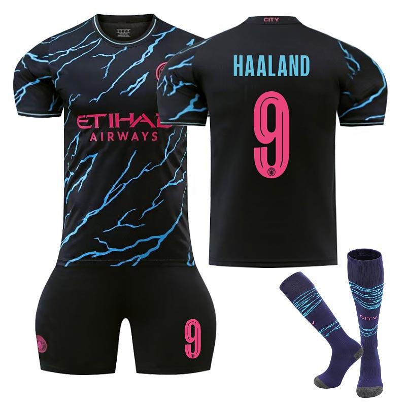 Beakey Manchester City Second Away UEFA Jersey HAALAND #9 Soccer Jersey Kids Adult 3Pcs Jersey Kits