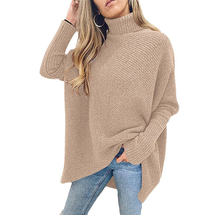 Beakey Womens Turtleneck Long Sweater Batwing Sleeve Asymmetric Hem Pullover Knit Tops-Apricot-YY528