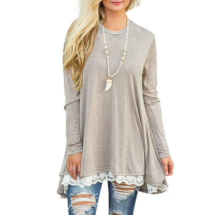 Beakey Women's Crew Neck Long Sleeve Lace Splicing Shirt Long Tunic Blouses-Khaki-1228