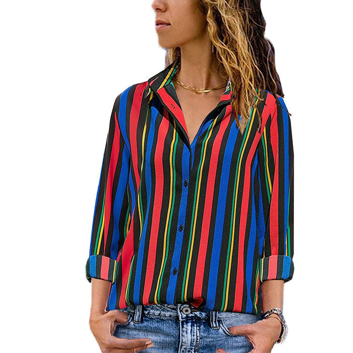 Beakey Women Autumn V Neck Striped Printing Roll up Sleeve Button Down Blouses Top-Blue-623