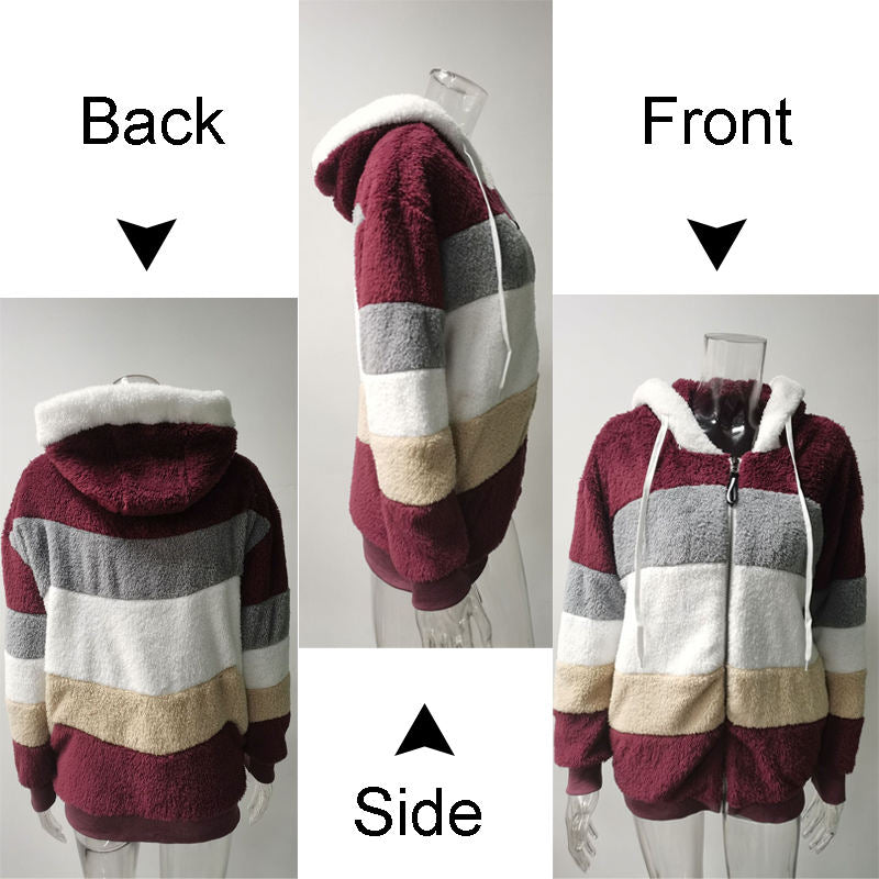 Beakey Womens Warm Coats Fuzzy Sherpa Hooded Jacket with Pockets-Wine Red