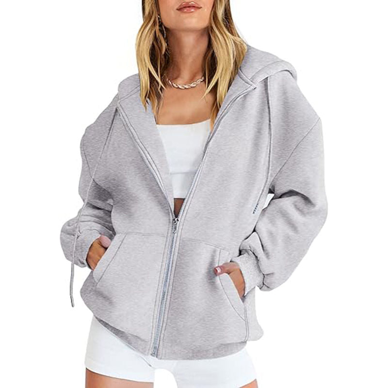 Beakey Womens Zip Up Hoodies with Pockets Y2K Oversized Sweatshirts-Light Grey