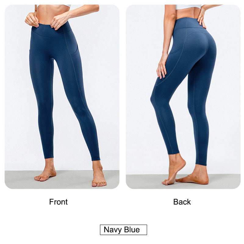 Beakey Womens Fleece Leggings with Pockets Tummy Control Thermal Yoga Pants-Blue