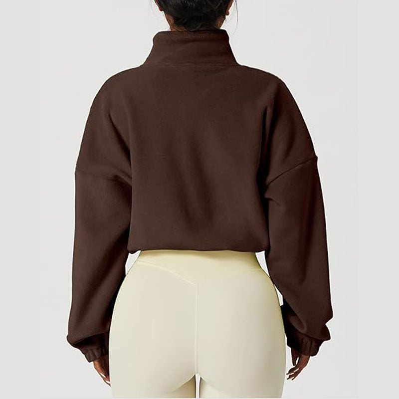 Beakey Womens Fleece Crop Jacket Full Zip Stand Collar Winter Coat-Coffee
