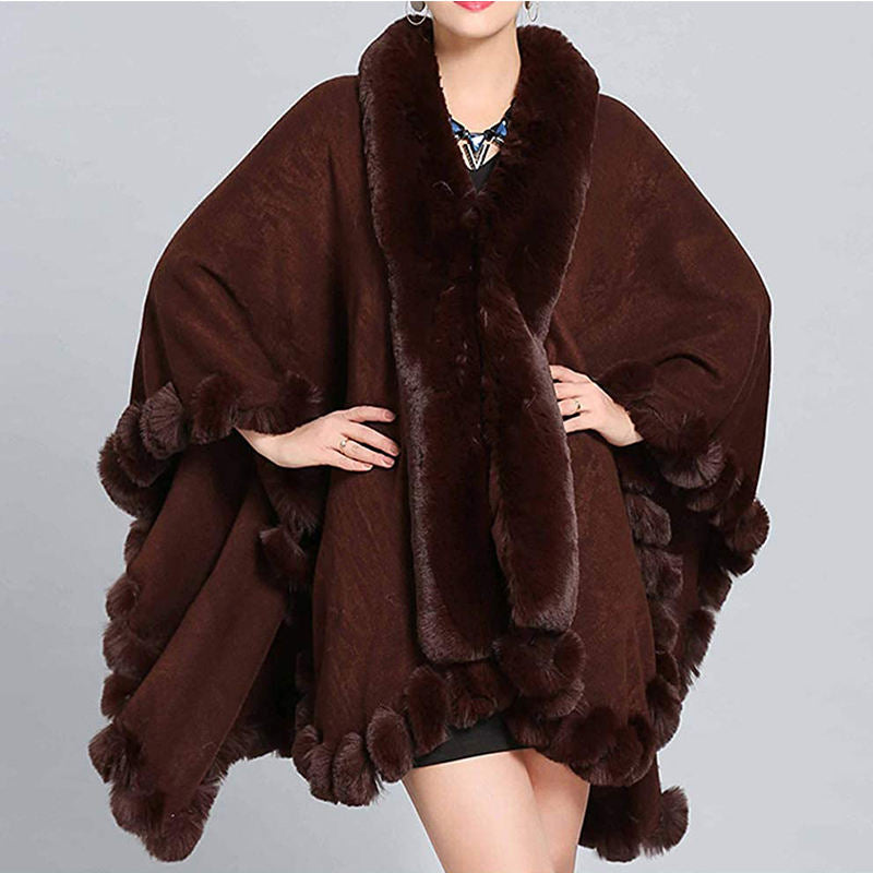 Beakey Womens Faux Fox Fur Trim Cardigan Shawl Oversized Cape-Brown