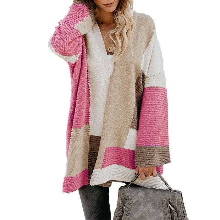 Beakey Womens Color Block Cardigan Open Front Sweaters Loose Knit Casual Coat-Rose Red-AL6009