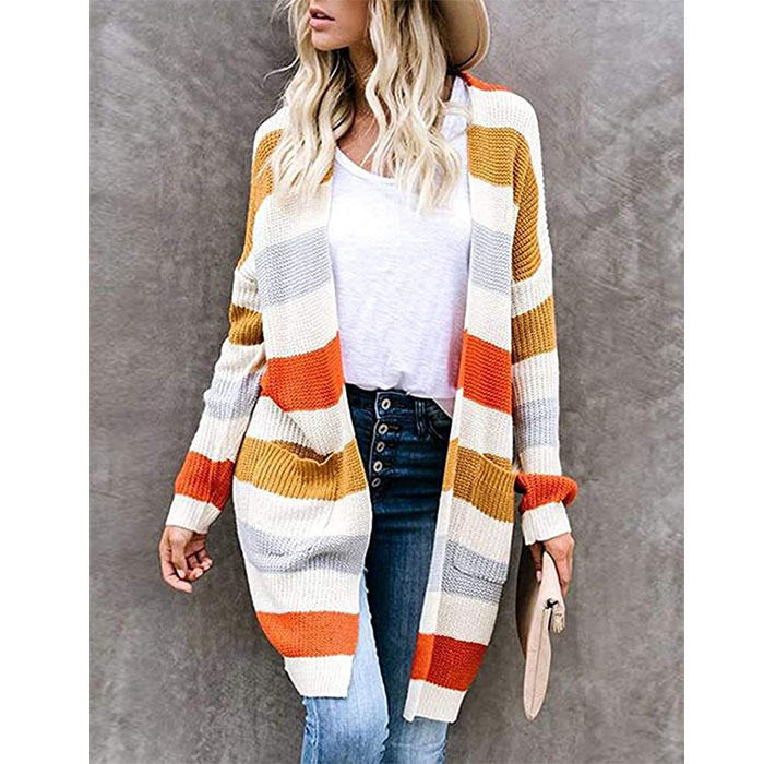 Beakey Women¡¯s Open Front Long Cardigan Strip Color Block Knit Fall Outwear Sweater-Yellow-AL6014