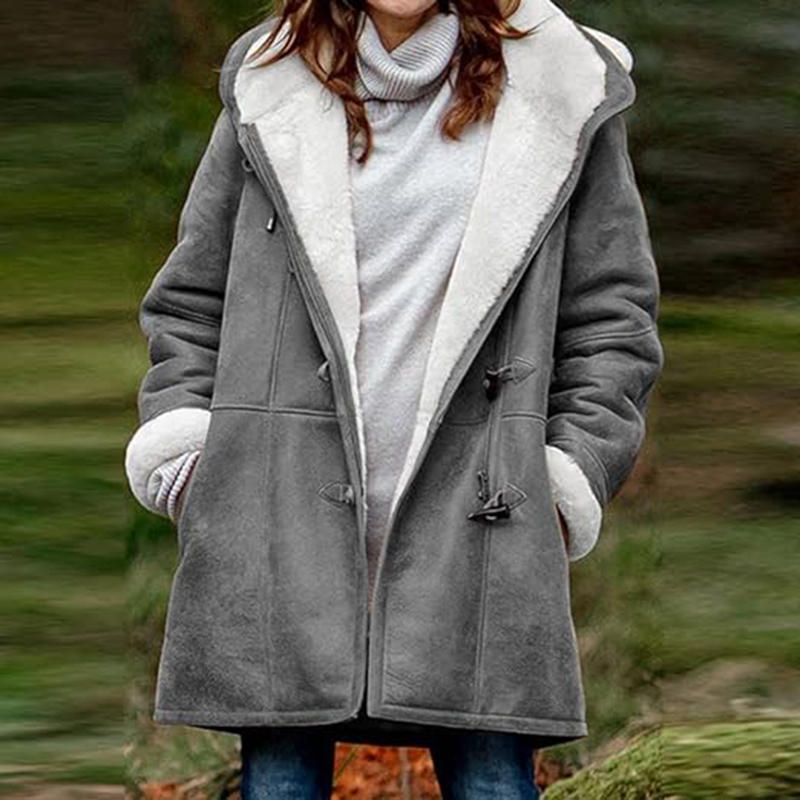 Beakey Fleece Jackets for Women Horn Button Winter Hooded Outwear-Grey