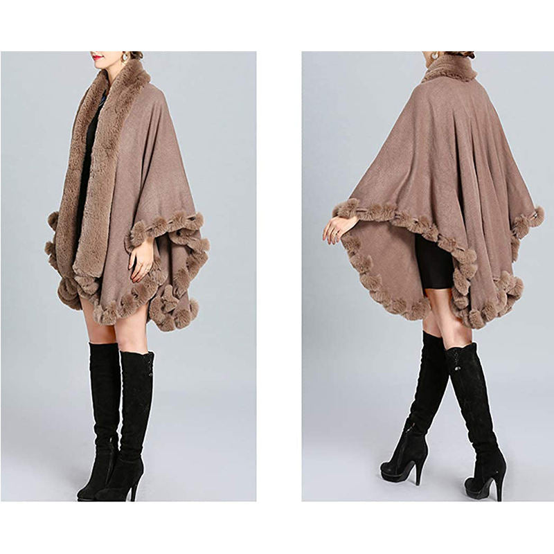 Beakey Womens Faux Fox Fur Trim Cardigan Shawl Oversized Cape-Khaki