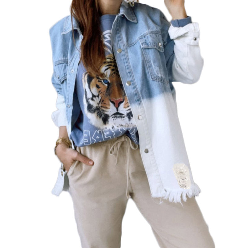 Beakey Women Ripped Denim Jacket Boyfriend Mid Long Trucker Coat-BlueWhite
