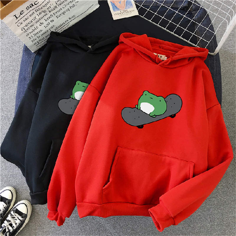 Beakey Womens Cute Hoodie Skateboarding Frog Long Sleeve Pullover-Red